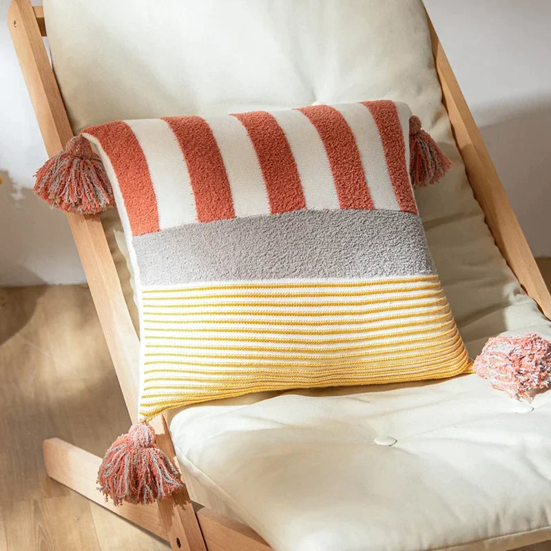DecorBites™ Knit Stripe Pillow Cover Blue Pink Tassles 45x45cm Soft Living Room Bedroom
