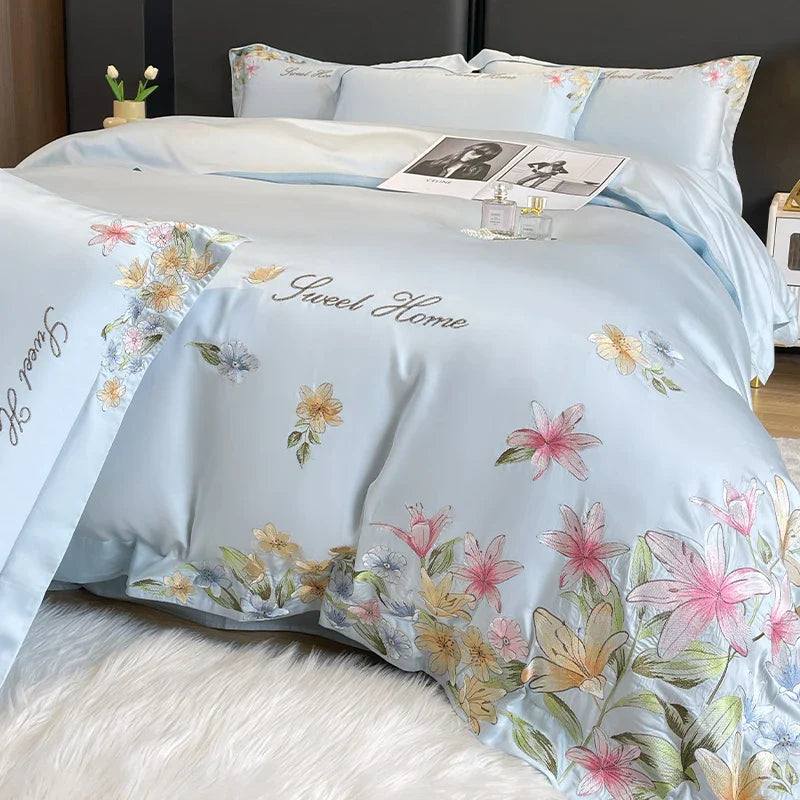 DecorBites™ Flowers Embroidery Silky Duvet Set with Comforter Cover & Fitted Sheet