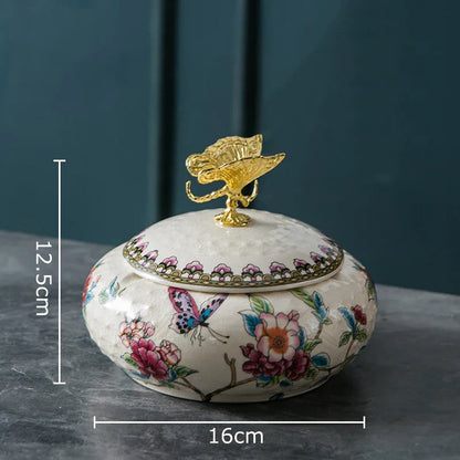 DecorBites™ Dragonfly Lid Ceramic Jewelry Box - Round Floral Pattern Storage Jar