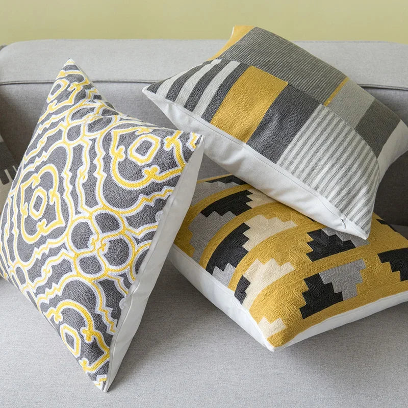 DecorBites™ Geometric Canvas Cotton Cushion Cover - Yellow Grey/White Embroidery Square Pillow Cover