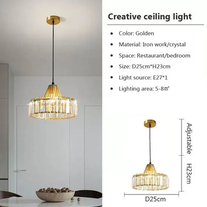 DecorBites™ Crystal LED Pendant Light: Retro Gold Lampshade for Living Room, Bedroom, Dining Room
