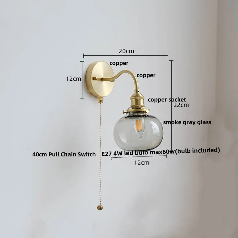 Green Glass Wall Sconce Copper Socket Pull Chain