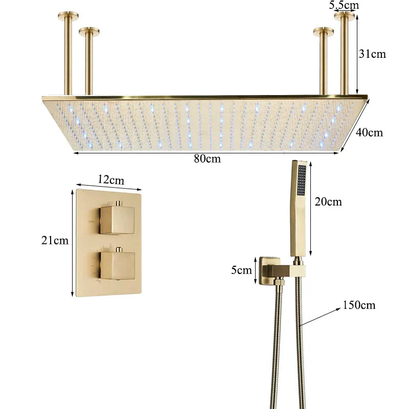 DecorBites™ Brushed Gold LED Thermostatic Shower Faucet Set with Ceiling Rainfall Shower Head