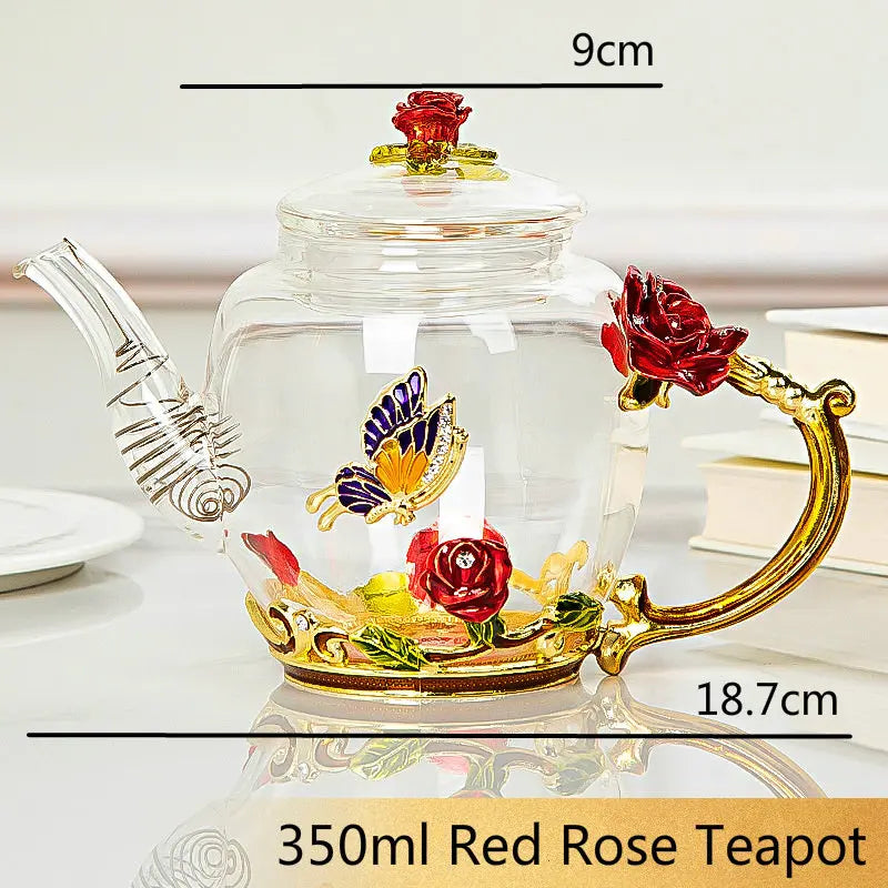 DecorBites™ Daisy Enamel Crystal Glass Teapot Set for Hot and Cold Drinks