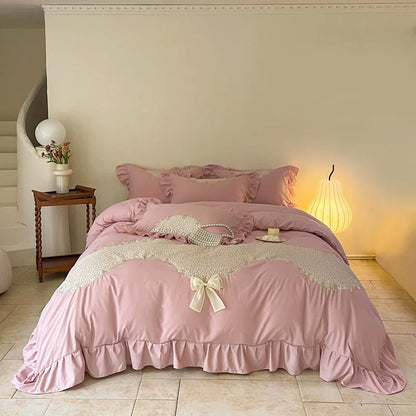 DecorBites™ Lace Embroidery Princess Bedding Set - Duvet Cover, Sheet, Pillowcases - Blue Pink Purple