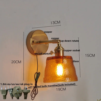 DecorBites™ Clear Glass LED Wall Sconce with Pull Chain Switch, Brass E27, Bedroom Reading Light