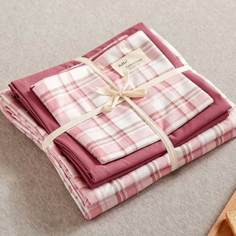 DecorBites™ Japanese Grid Printed Cotton Bedding Set in Queen/King for Cozy Sleep