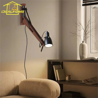 DecorBites™ LED Long Pole Swing Arm Wall Lamp, Solid Wood, Adjustable, Industrial Designer