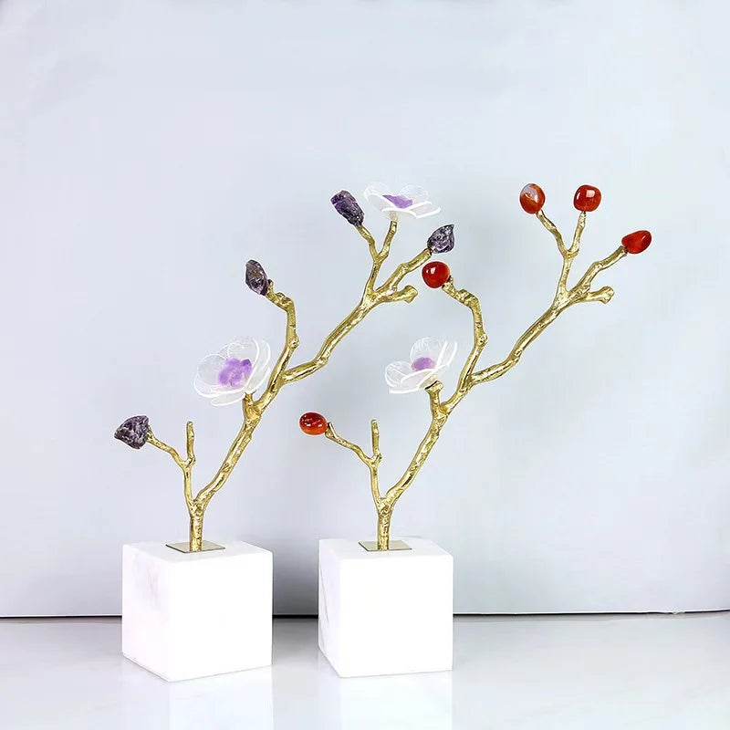 DecorBites™ Crystal Flower Tree Sculpture: Golden Branches Metal Figurine for Home Decor