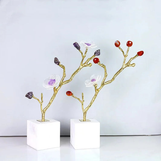 DecorBites™ Crystal Flower Tree Sculpture: Golden Branches Metal Figurine for Home Decor