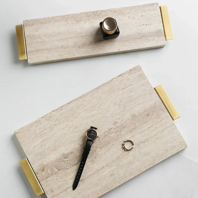 DecorBites™ Beige Travertine Stone Tray with Golden Metal Handle