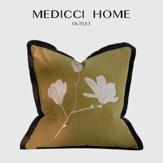 DecorBites™ French Vintage Magnolia Embroidered Velvet Throw Pillow Case for Sofa Bed