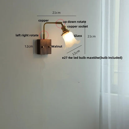 DecorBites™ Glass Pink LED Wall Sconce, Pull Chain Switch, Walnut Wood Bedside Lamp