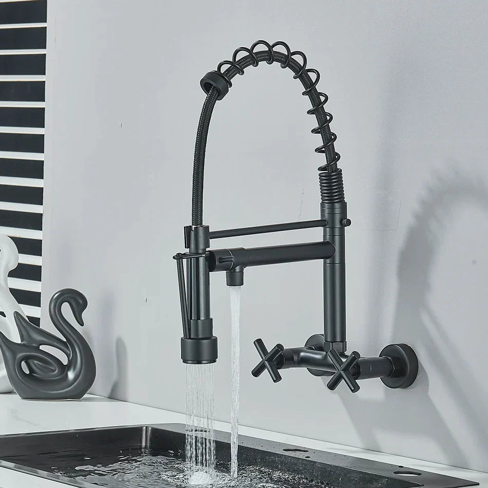 DecorBites™ Gold Black Kitchen Faucet Wall Mount Pull Down Tap Dual Swivel Spouts