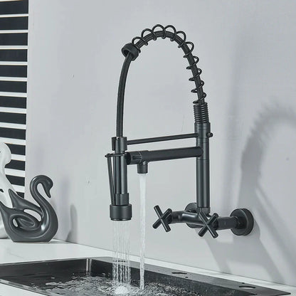 DecorBites™ Gold Black Kitchen Faucet Wall Mount Pull Down Tap Dual Swivel Spouts