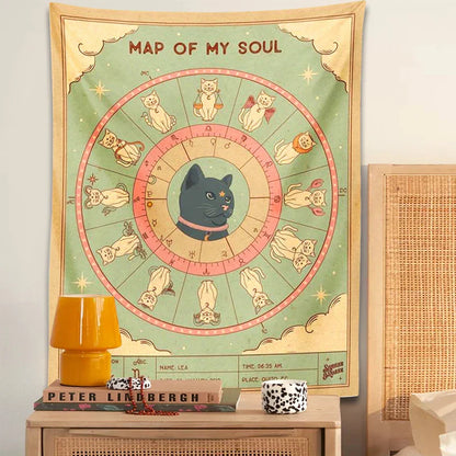 DecorBites™ Cat Tapestry Soul Tarot Zodiac Constellation Wheel Retro Boho Living Room Decor