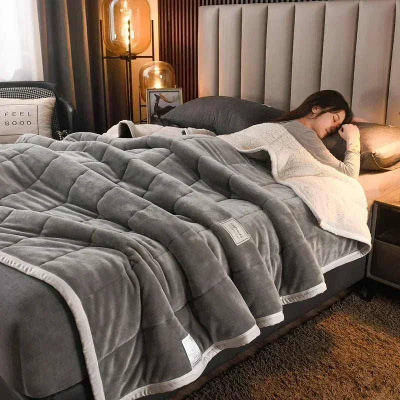 DecorBites™ Cozy Flannel Fleece Lambswool Blanket - 3 Layers, Warm & Soft for Bed.
