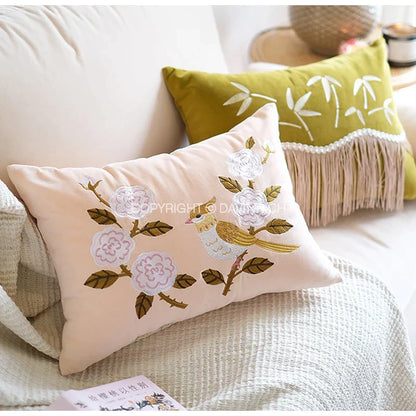DecorBites™ Bamboo Embroidered Fringed Velvet Lumbar Pillow Cover 30x50cm Luxurious Artistic Oriental Style