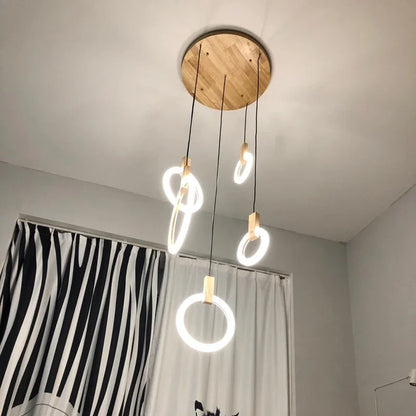 DecorBites™ LED Wood Stair Chandelier: Modern Nordic Living Room Ceiling Pendant Lights