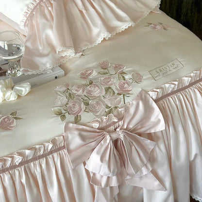 DecorBites™ French Bow Ruffle Flower Embroidery Bedding Set - Luxury Lyocell Cotton