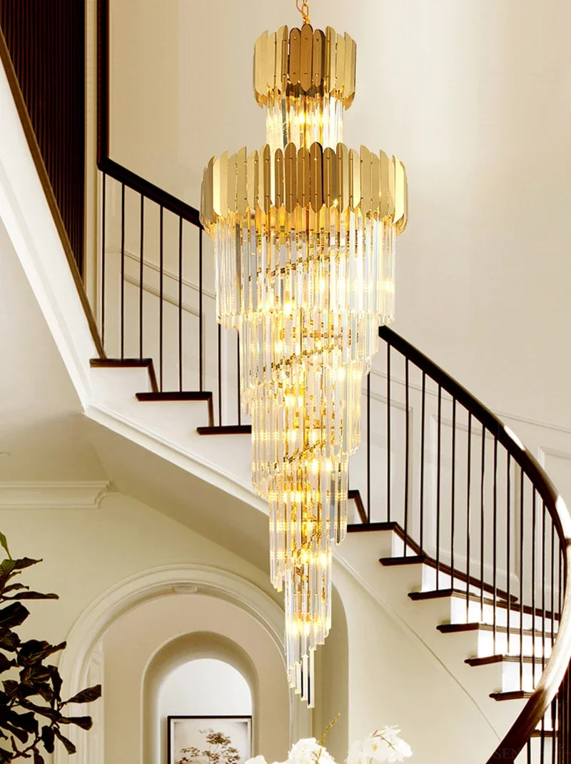 DecorBites™ Golden Luxury Hotel Lobby Crystal Chandelier for Multi-Story Staircase Lighting
