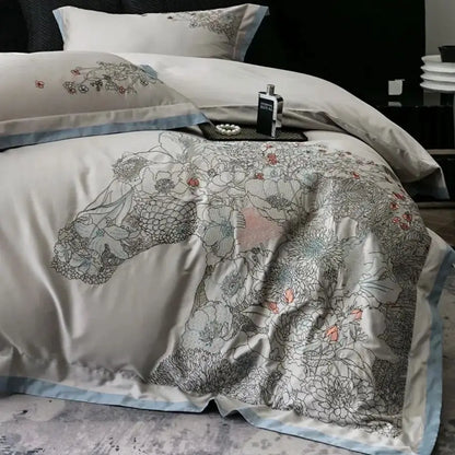 DecorBites™ Cotton Flowers Horse Embroidery Luxury Bedding Set - Duvet Cover, Bed Sheet, Pillowcases