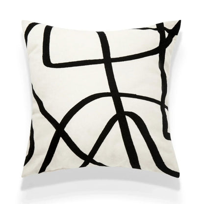 DecorBites™ Geometric Line Embroidered Pillowcase in Black White Beige Suede Canvas