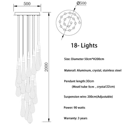 DecorBites™ Crystal Tear Drop Chandelier: Gold LED Pendant Light for Villa Staircase and Living Room