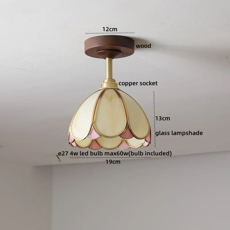Green Glass Ceiling Lamp Copper Wood Accent