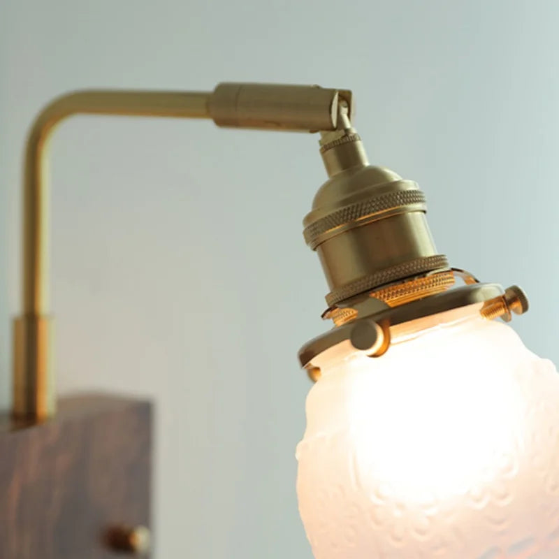 DecorBites™ Glass Pink LED Wall Sconce, Pull Chain Switch, Walnut Wood Bedside Lamp