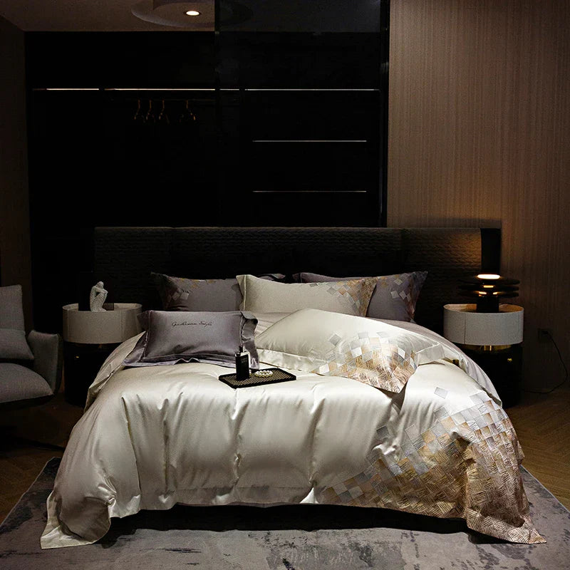 DecorBites™ 4-Piece Luxury Embroidery Bedding Set in Pearl White/Grey Satin Brocade Cotton