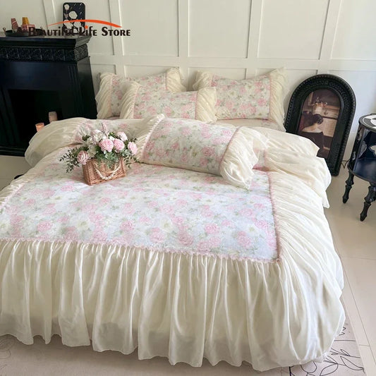 DecorBites™ French Lace Ruffles Vintage Bedding Set in 100% Cotton, Single Queen King Size