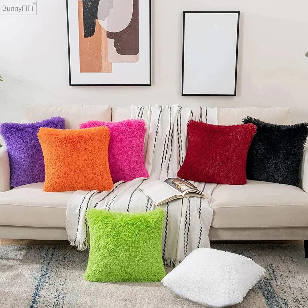 DecorBites™ Cozy Plush Fur Cushion Cover 43x43cm White Grey Sofa Decor Pillowcase
