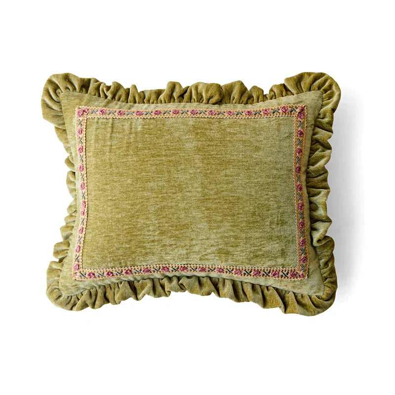 DecorBites™ Luxe Chenille Ruffled Green Lumbar Pillow Cover 35x45