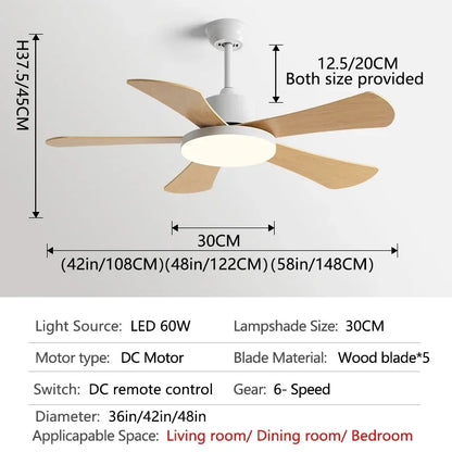 DecorBites™ 48" Bedroom Restaurant Ceiling Fan with 5 Wood Blades, DC Motor, LED Light, Remote