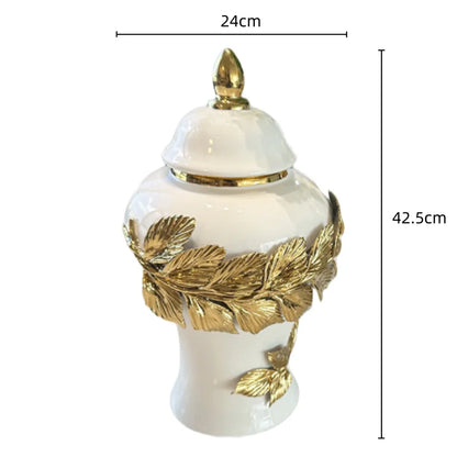 DecorBites™ Golden Leaves Ceramic Flower Vase with Hand-embossed Flowers for Flower Arrangement