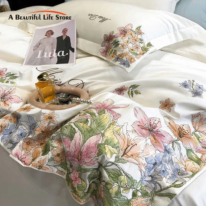 DecorBites™ Egyptian Cotton Flowers Embroidery Luxury Bedding Set - Queen King Size