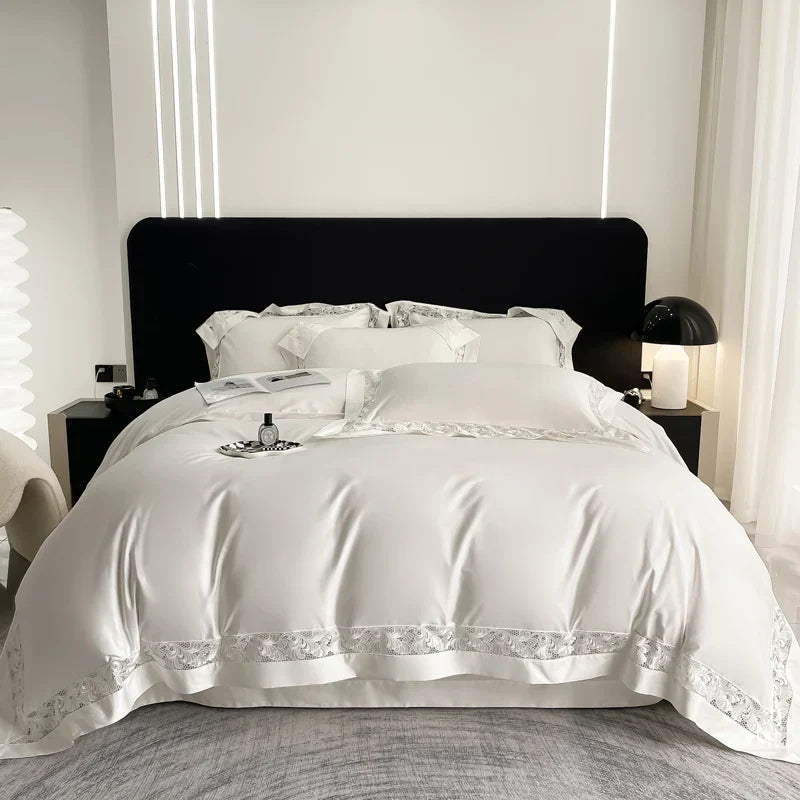 DecorBites™ Lace Embroidery 1200TC Egyptian Cotton 4Pcs Bedding Set with Wide Hollow Design