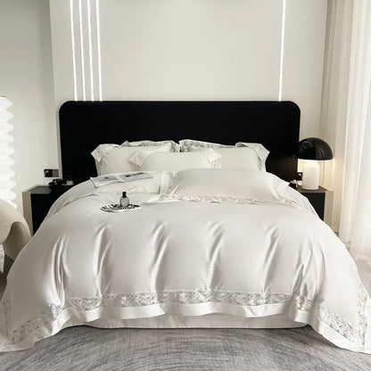 DecorBites™ Lace Embroidery 1200TC Egyptian Cotton 4Pcs Bedding Set with Wide Hollow Design