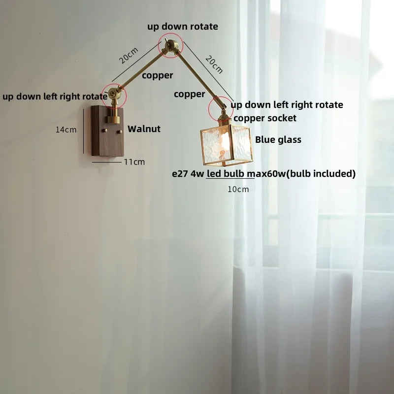 DecorBites™ LED Wall Lamp Rotatable Glass Walnut Swing Arms Hallway Stair Light