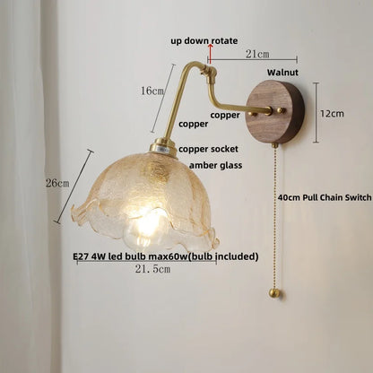 DecorBites™ LED Wall Lights Pull Chain Switch Bedside Lamp Amber Glass Modern Stair Light Fixtures