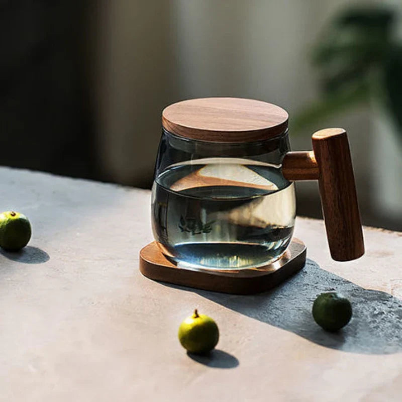 DecorBites™ Glass Tea Cup Set with Wood Handle for Puer, Heat Resistant Kung Fu Style