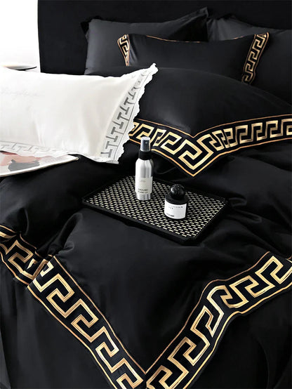 DecorBites™ Gold Embroidery Duvet Set, Black Egyptian Cotton Bedding, 1000TC, Double King Queen