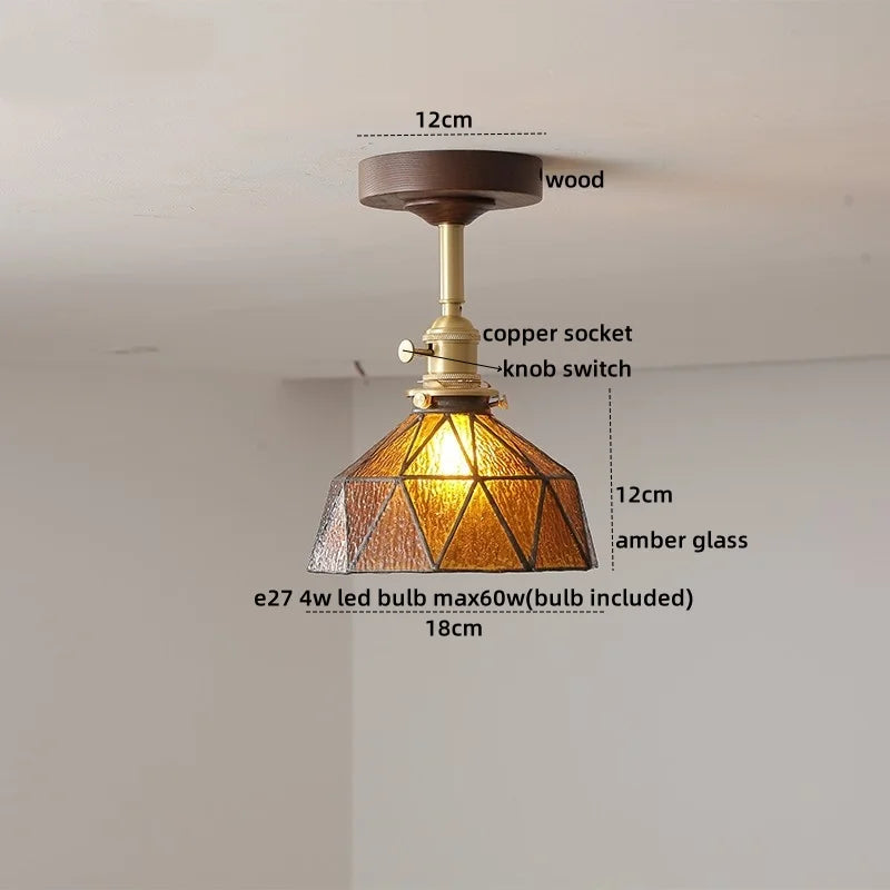 Green Glass Ceiling Lamp Copper Wood Accent