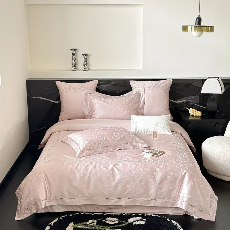 DecorBites™ Jacquard 100s Egyptian Cotton Bedding Set: King Queen Ru Size Sheet Blanket Pillowcase
