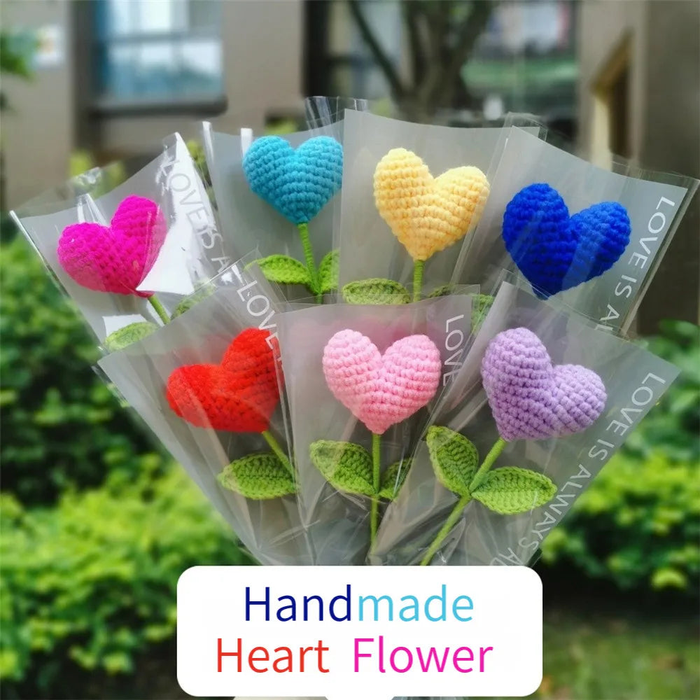 DecorBites™ Hand Woven Love Heart Yarn Crochet Flower Bouquet with Green Leafy Branch