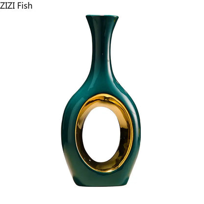 DecorBites™ Gold Ceramic Vase with Artificial Flowers | Table Decoration | Room Aesthetic Decor