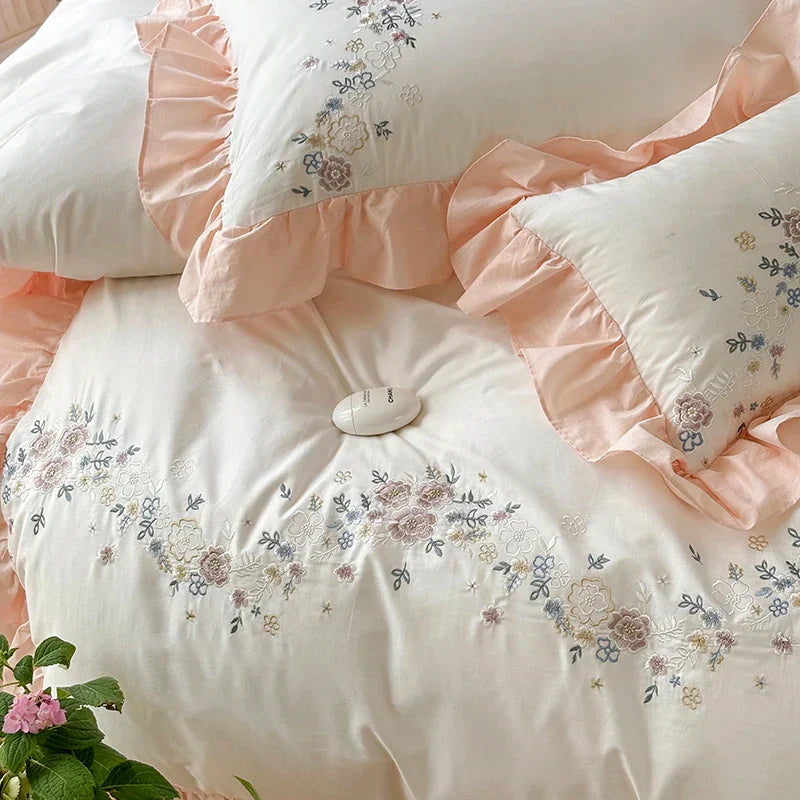 Embroidered Cotton Bedding Set Lace Ruffle King