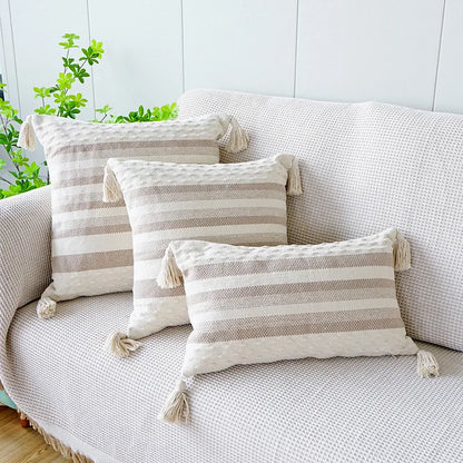 DecorBites™ Ivory Brown Coffee Black Stripe Pillow Case with Tassels 45x45cm 30x50cm 50x50cm