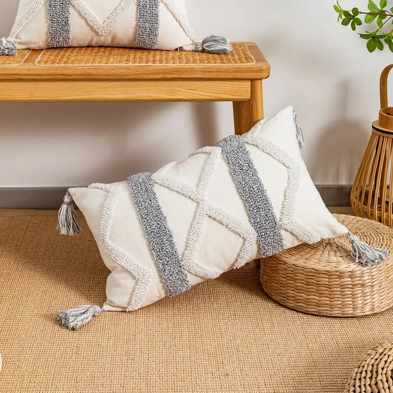 DecorBites™ Geometric Tufted Tassel Cushion Cover White Grey Bohemian Decor Pillow Cover